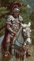 Roman soldier on a majestic horse in an outdoor setting during a historical reenactment in a lush landscape photo