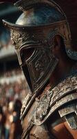 Warrior in ornate armor stands confidently before a cheering crowd in an ancient arena during a grand competition photo