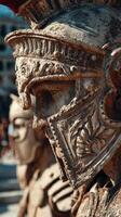 Detailed close-up of ancient warrior statue showcasing intricate armor and helmet in historical setting photo