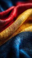 Colorful fabric display with rich textures and vibrant hues in a close-up view photo