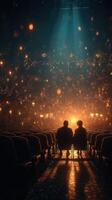 Couple enjoys a magical evening of theatre in an illuminated auditorium filled with vibrant lights photo