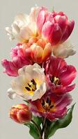 Vibrant tulips in a bouquet showcasing delicate petals and rich colors against a neutral background photo