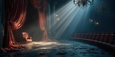 Spotlight shines on an empty velvet chair in an abandoned theater during a mysterious evening glow photo
