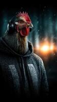 Unique chicken wearing headphones in urban nighttime setting with glowing lights in background photo