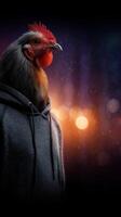 Unique art piece featuring a rooster with a human body, set against a blurred bokeh background in a nighttime setting photo