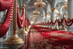 Luxurious red carpet leads through a grand hall adorned with chandeliers and ornate details photo