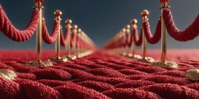 Elegant red carpet lined with gold stanchions ready for an exclusive event or ceremony at twilight photo