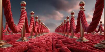 Stunning red carpet pathway surrounded by elegant rope barriers under a dramatic sky photo