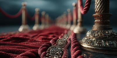 Luxurious red carpet with golden stanchions leading to a glamorous event location during an overcast evening photo