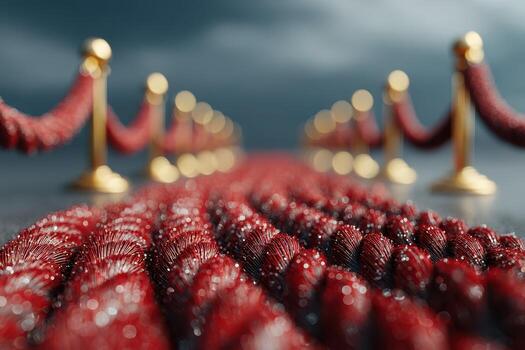 Luxurious red carpet with velvet ropes leading to an elegant venue during an evening event photo