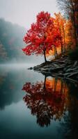 Stunning autumn landscape with vibrant red tree reflecting in calm lake at dawn photo