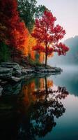 Vibrant autumn colors reflected on a serene lake at dawn near a forest in an outdoor setting photo