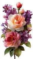 Beautiful arrangement of pink and lilac flowers showcases the beauty of spring blooms in a bright and vibrant display photo