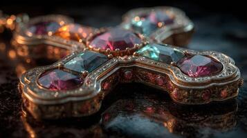 Intricate decorative cross with colorful gemstones on a dark reflective surface showcasing craftsmanship details photo