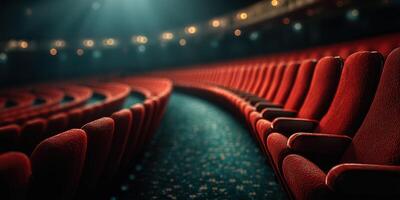 Empty red theater seats arranged in a curved pattern with dim lighting in the background photo