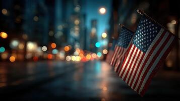 Flags waving in the city at night with blurred lights and reflections on the wet street photo