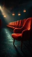 Empty red chairs arranged in a dimly lit theater with warm lighting in the background photo