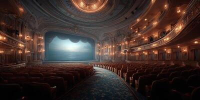 Elegant theater interior showcases grand design and anticipation before performance begins photo