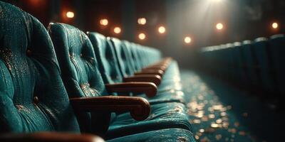 Empty vintage theater seats glisten under soft lighting after a recent rain shower in an atmospheric cinematic setting photo