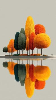 Vibrant autumn trees reflecting on a calm lake in a serene setting near a park photo