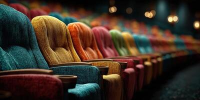 Colorful theater seats arranged in a vibrant pattern ready for audience enjoyment before a performance photo