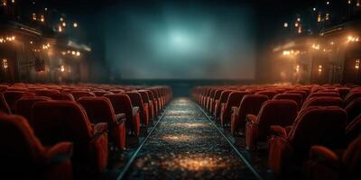 Cozy vintage theater interior with red plush seats and a large blank screen for upcoming film screenings photo
