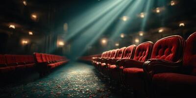 Red velvet seats and golden lighting create an inviting atmosphere in an empty theater during a performance evening photo