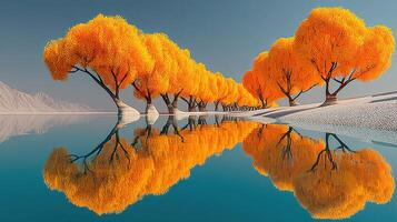 Vibrant autumn trees reflecting in a tranquil lake surrounded by snowy mountains at sunset photo