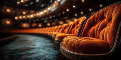 Elegant rows of orange theater seats create a warm atmosphere in a vintage performance space during a live event at dusk photo