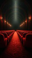 Elegant red velvet seats line the aisle of a grand theater showcasing dramatic lighting and ornate architecture photo