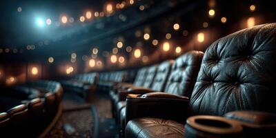 Cozy leather theater seats illuminated by soft lights create an inviting atmosphere in a performance venue photo