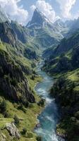 Majestic mountain valley with a winding river under a bright blue sky photo