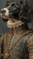 Dog dressed in ornate historical costume showcasing intricate details and regal posture indoors photo