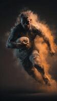 Muscular athlete running with a rugby ball in a dynamic action pose during a dramatic moment photo