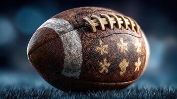 Vintage football rests on grass field, showcasing textured leather and stitching in evening light photo