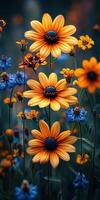 Vibrant orange and blue flowers blooming in a lush garden during late spring photo