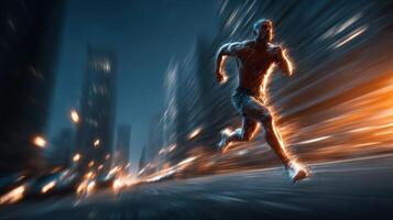 Runner sprints through city streets at night with dynamic motion blur and glowing effects photo