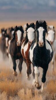 manada de salvaje caballos Galopando a través de un polvoriento llanura debajo un nublado cielo en el tarde Dom foto