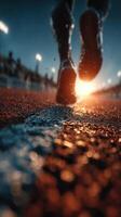 Runners sprinting towards the finish line during a sunset at a track and field event photo