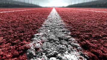 Close-up view of red running track with focus on white lane marking under overcast sky at sports event photo