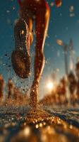 Runners in motion kick up dust during a sunset race in a warm, outdoor environment photo