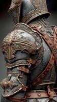 Intricate details of ornate medieval armor highlighting craftsmanship and design with rich textures and metallic finishes photo