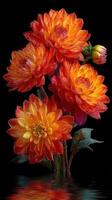 Vibrant orange and yellow flowers reflecting on a dark surface in a serene arrangement with raindrops photo