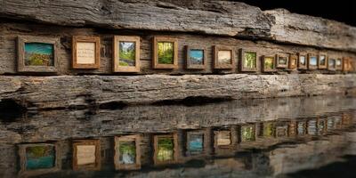 Small framed landscapes displayed along a wooden wall reflecting in still water in a serene outdoor setting photo
