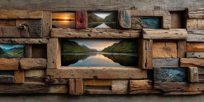 Artistic wood frame displaying beautiful landscape photos at a gallery showcasing nature's tranquility and artistry