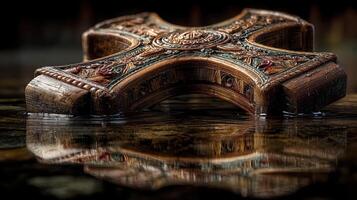 Ornate wooden cross partially submerged in water reflecting intricate carvings in a serene environment photo