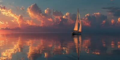 Sailing on calm waters during a vibrant sunset with beautiful cloud reflections photo