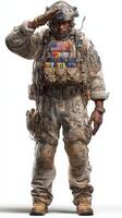 Soldier in combat uniform saluting, showing military pride and readiness in a wartime setting photo