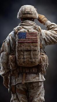 Soldier saluting while wearing a weathered uniform and carrying a backpack with an American flag patch photo