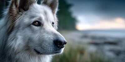 Dog gazing at the horizon during a peaceful evening by the beach with a dramatic sky photo